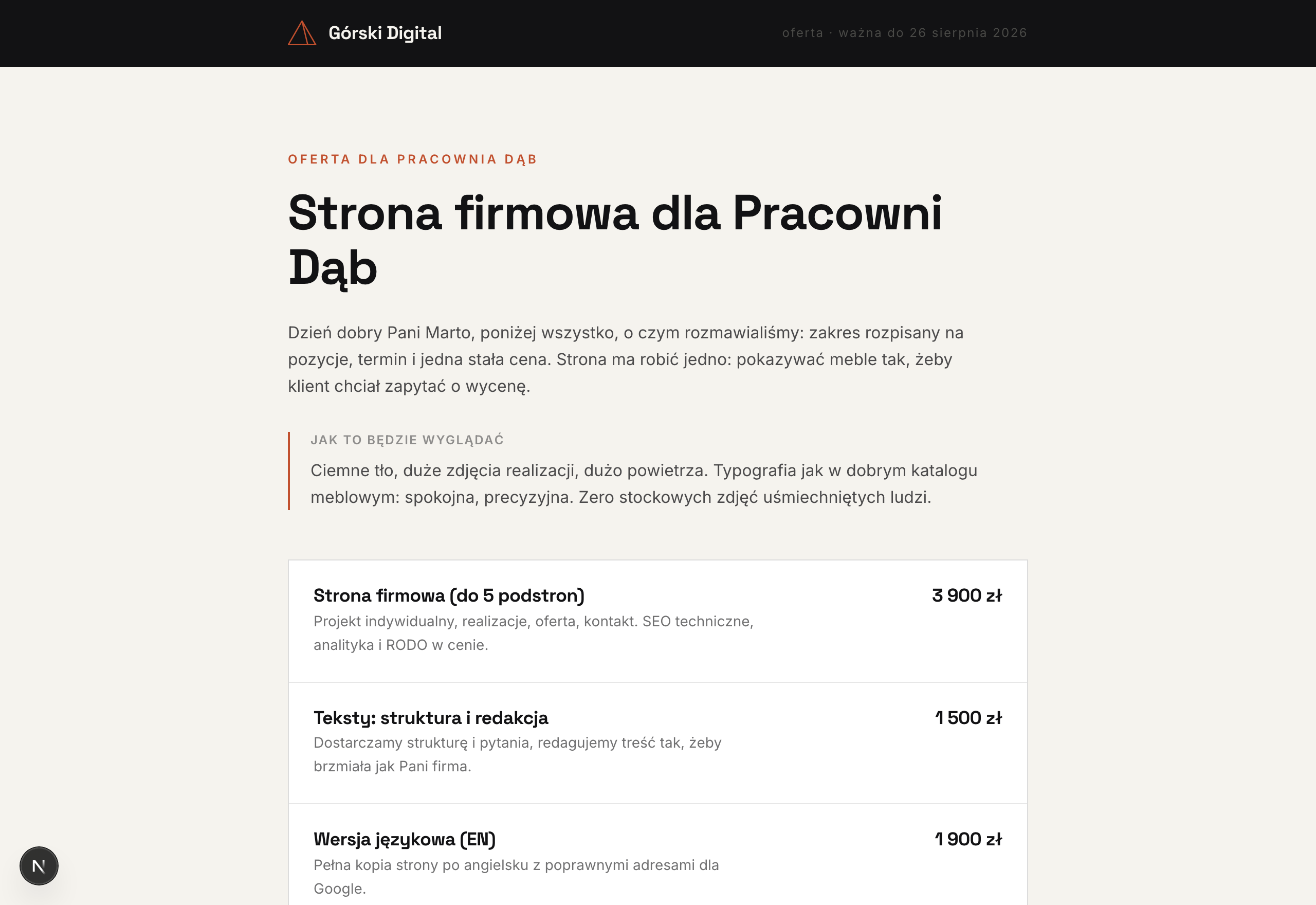 Oferta online: zakres projektu rozpisany na pozycje i jedna stała cena